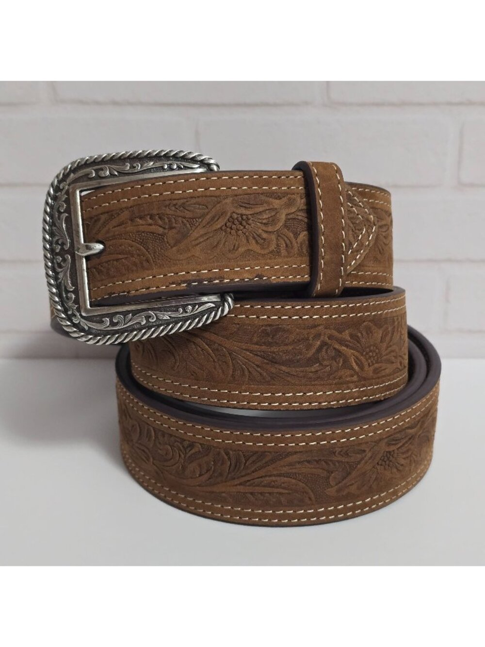 Ariat Mens Floral Tooled Brown Leather Belt Size 54 A1012402 Western Cowboy